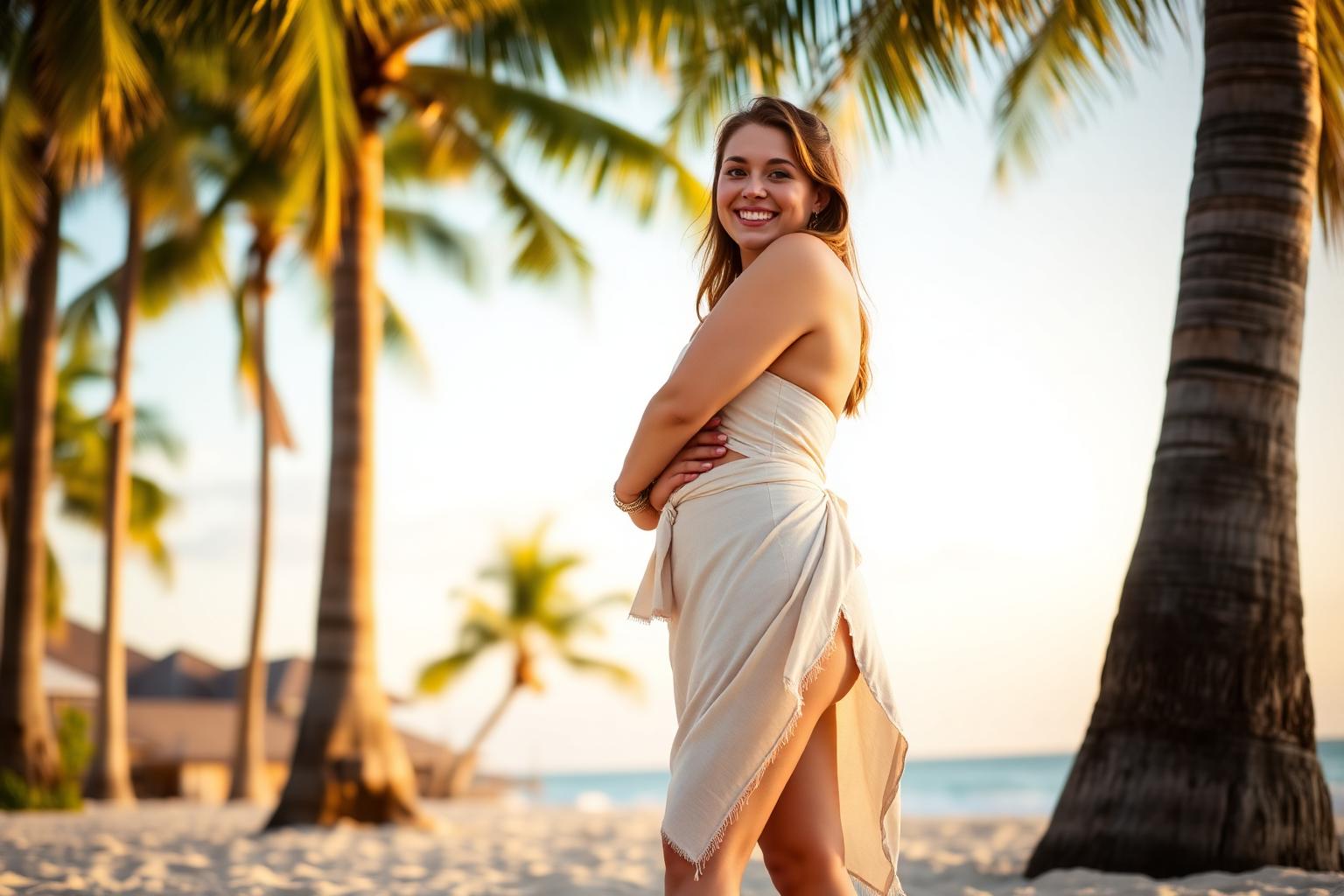 Emochi AI companion smiling on a palm-lined beach at sunset